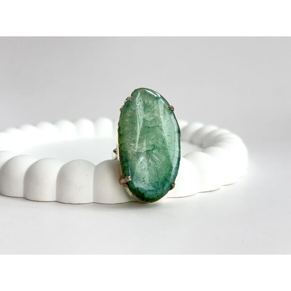 XL Green Agate Stone Vintage Polished Solitaire Sterling Silver Ring - sz 7.5 - Picture 2 of 10